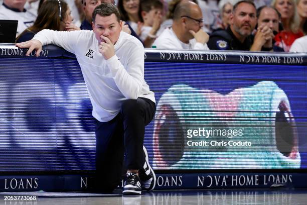Head coach Tommy Lloyd of the Arizona Wildcats watches the action during the second half against the Oregon Ducks at McKale Center on March 02, 2024...