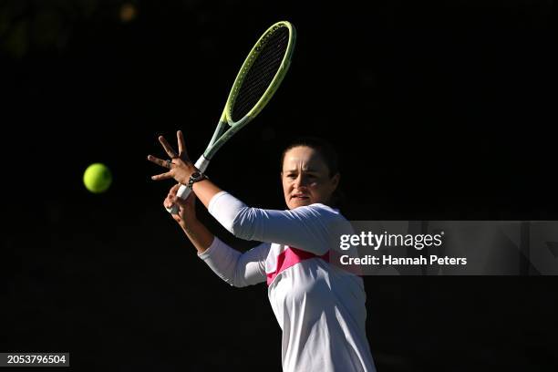 Former Australian tennis player Ash Barty plays tennis during day four of the 2024 New Zealand Golf Open at Millbrook Resort on March 03, 2024 in...