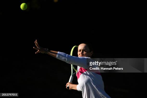 Former Australian tennis player Ash Barty plays tennis during day four of the 2024 New Zealand Golf Open at Millbrook Resort on March 03, 2024 in...