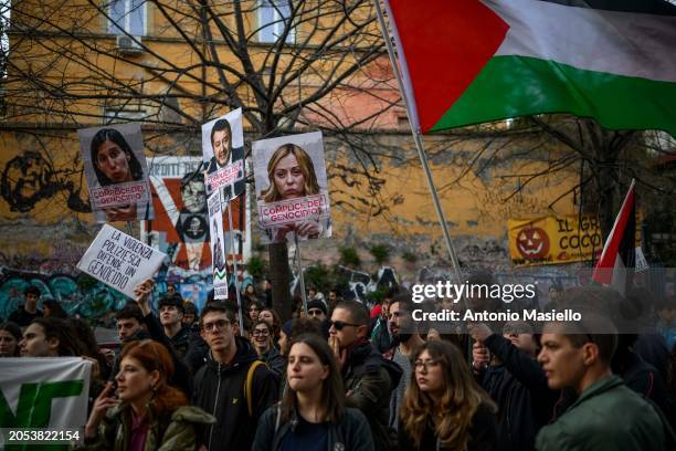 Students hold banners depicting Italian Prime Minister Giorgia Meloni, Matteo Salvini and Elly Schlein during a demonstration to call for a ceasefire...