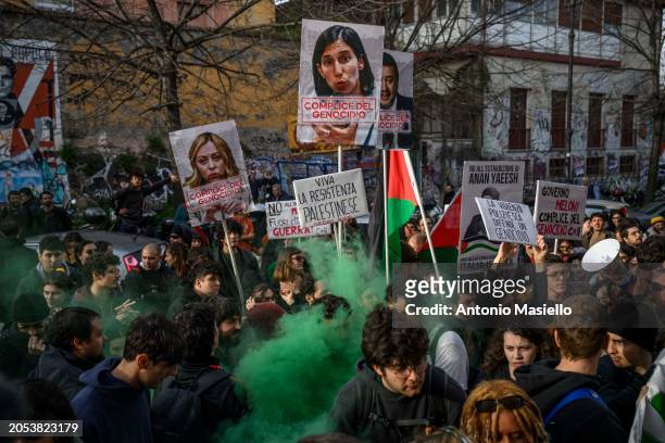 Students hold placards depicting Italian Prime Minister Giorgia Meloni, Matteo Salvini and Elly Schlein during a demonstration to call for a...