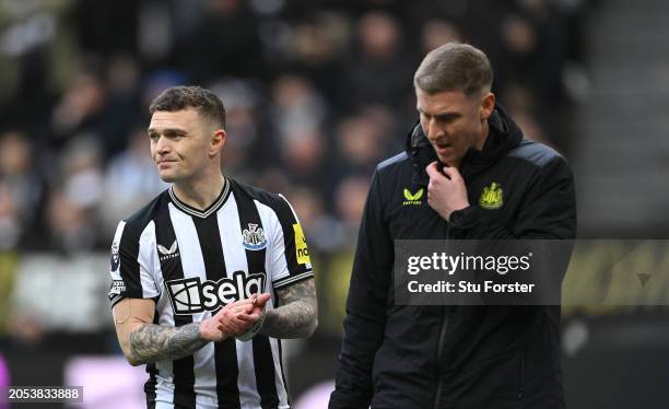 Newcastle United player Kieran Trippier looks on after leaving the field with an injury during the Premier League match between Newcastle United and...