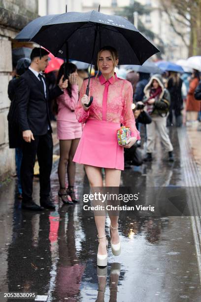 Audrey Peters wears pink transparent blouse, mini skirt, bag outside Ellie Saab during the Womenswear Fall/Winter 2024/2025 as part of Paris Fashion...