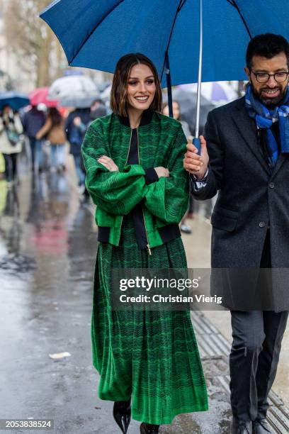 Olivia Palermo wears green zipper jacket, skirt outside Ellie Saab during the Womenswear Fall/Winter 2024/2025 as part of Paris Fashion Week on March...