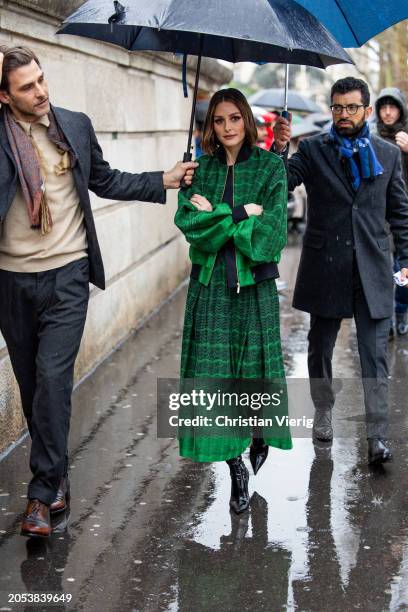 Olivia Palermo wears green zipper jacket, skirt outside Ellie Saab during the Womenswear Fall/Winter 2024/2025 as part of Paris Fashion Week on March...