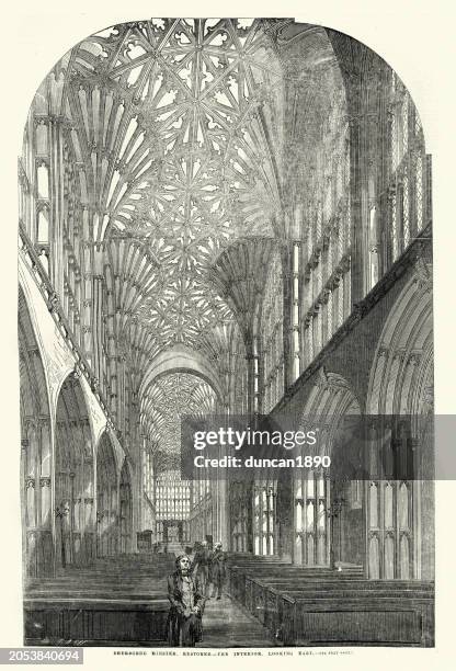 vintage illustration sherborne minster, interior looking east, 19th century, 1850s. - ceiling stock illustrations