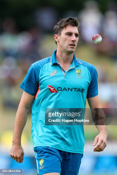 Pat Cummins of Australia looks on during day four of the First Test in the series between New Zealand and Australia at Basin Reserve on March 03,...