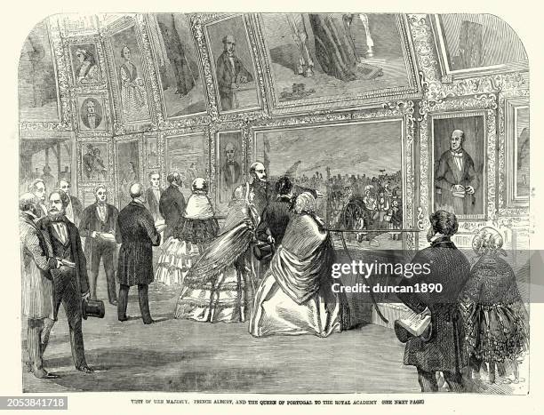 visit of queen victoria, prince albert and queen of portugal to the royal academy, victorian 1850s, 19th century - queen victoria and albert stock illustrations