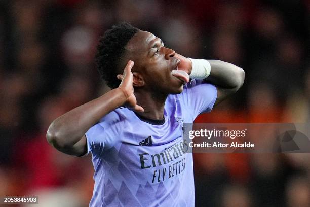 Vinicius Junior of Real Madrid celebrates scoring his team's second goal during the LaLiga EA Sports match between Valencia CF and Real Madrid CF at...