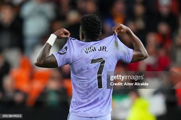 View of the shirt Vinicius Junior of Real Madrid after he scores the teams second goal during the LaLiga EA Sports match between Valencia CF and Real...