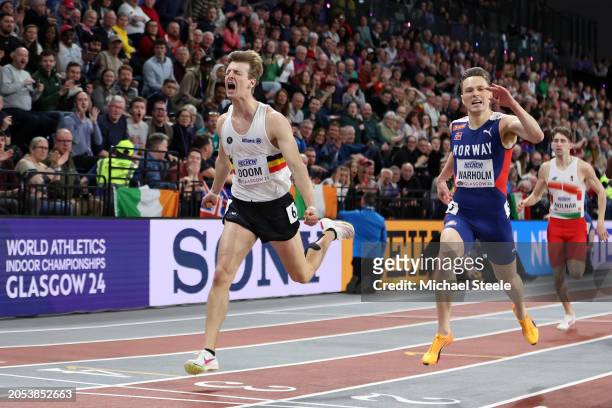 Alexander Doom of Team Belgium crosses the finish line before Karsten Warholm of Team Norway to win the Men's 400 Metres Final on Day Two of the...