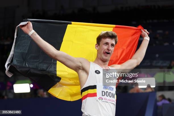 Gold medalist Alexander Doom of Team Belgium celebrates after winning the Men's 400 Metres Final on Day Two of the World Athletics Indoor...