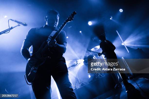 Vocalist and guitarist Dustin Kensrue and guitarist Teppei Teranishi of Thrice perform on stage at Sala La Paqui on February 12, 2024 in Madrid,...