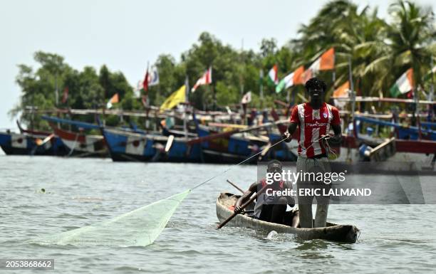 Boat with two young fishermen pictured during a royal visit to Grand-Lahou and its cemetery, during a royal working visit to Ivory Coast, Tuesday 05...