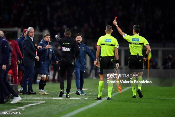 Referee Matteo Marchetti shows a red card to Ivan Juric, Head Coach of Torino FC, during the Serie A TIM match between Torino FC and ACF Fiorentina...
