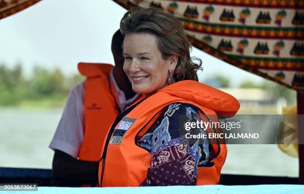 Queen Mathilde of Belgium pictured during a boat trip to Grand Lahou, a fishing village along the coast of Ivory Coast, during a royal working visit...