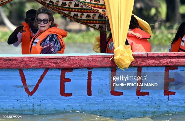 Queen Mathilde of Belgium pictured during a boat trip to Grand Lahou, a fishing village along the coast of Ivory Coast, during a royal working visit...