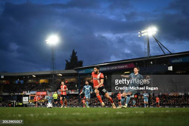 General view inside the stadium as Andros Townsend of Luton Town competes with Clement Lenglet of Aston Villa during the Premier League match between...