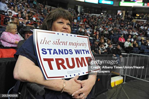 Renee Marshall of Pittsfield waits for a rally to start for Republican presidential candidate Donald Trump at the Times Union Center on Monday, April...