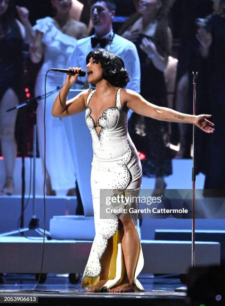 Raye performs on stage during the BRIT Awards 2024 at The O2 Arena on March 02, 2024 in London, England.