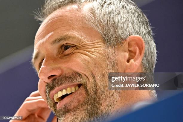 Leipzig's German head coach Marco Rose reacts as he gives a press conference on the eve of their UEFA Champions League last 16 second leg football...