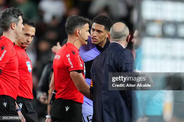 Jude Bellingham of Real Madrid reacts towards the match officials after a goal scored by Jude Bellingham of Real Madrid is disallowed in the LaLiga...