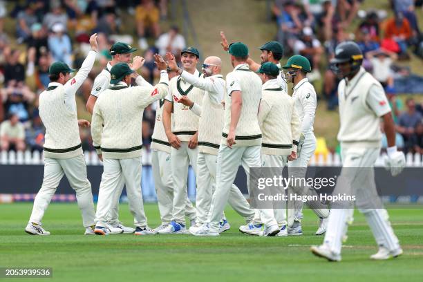 Nathan Lyon of Australia celebrates after taking the wicket of ravduring day four of the First Test in the series between New Zealand and Australia...