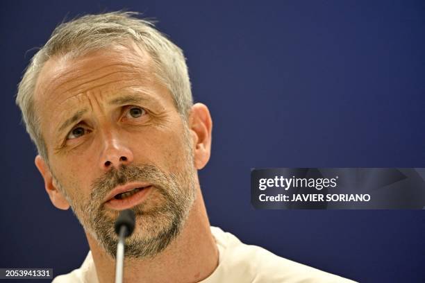 Leipzig's German head coach Marco Rose gives a press conference on the eve of their UEFA Champions League last 16 second leg football match against...