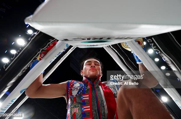Elijah Flores prays in his corner prior to his welterweight fight against Alejandro Munera at Coliseo de Puerto Rico on March 02, 2024 in Hato Rey,...