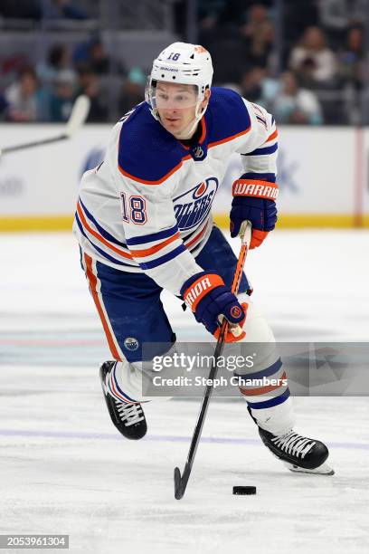 Zach Hyman of the Edmonton Oilers skates Kraken during the first period at Climate Pledge Arena on March 02, 2024 in Seattle, Washington.