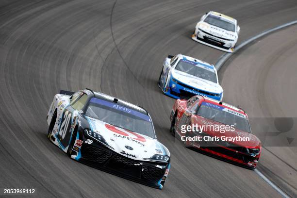 John Hunter Nemechek, driver of the Safeway/Albertsons Toyota, Cole Custer, driver of the Production Alliance Group Ford, and Austin Hill, driver of...