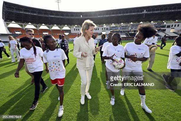 Queen Mathilde of Belgium pictured during a meeting with Ivorian athletes, at the Laurent Poku Stadium in San Pedro, during a royal working visit to...