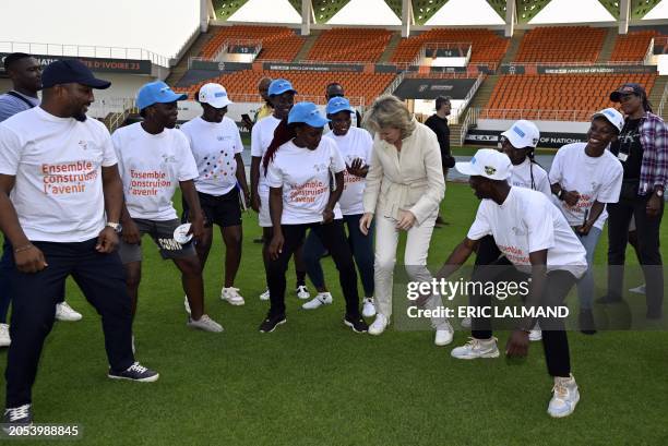 Queen Mathilde of Belgium pictured during a meeting with Ivorian athletes, at the Laurent Poku Stadium in San Pedro, during a royal working visit to...