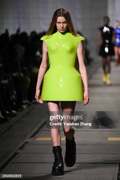 Model walks the runway during the Alexander McQueen Womenswear Fall/Winter 2024-2025 show as part of Paris Fashion Week on March 02, 2024 in Paris,...
