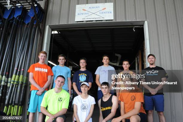 Albany Rowing Center boys' Varsity 8 boat, back row left to right, Connor Toomey, Quinn Maguire, Matt Sicko, Christian Sauer, Evan Kimble, Coach Andy...