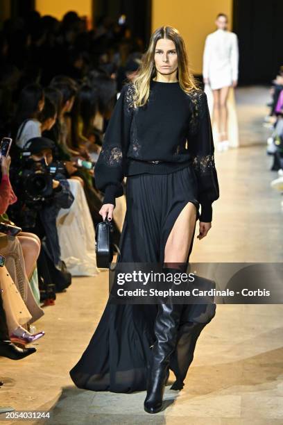 Hana Soukupova walks the runway during the Elie Saab Womenswear Fall/Winter 2024-2025 show as part of Paris Fashion Week on March 02, 2024 in Paris,...