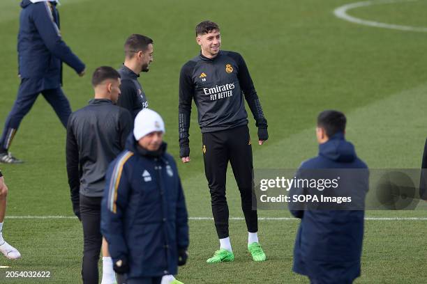 Federico Valverde of Real Madrid CF smiles during the training session on the eve of the UEFA Champions League round of 16, second-leg football match...