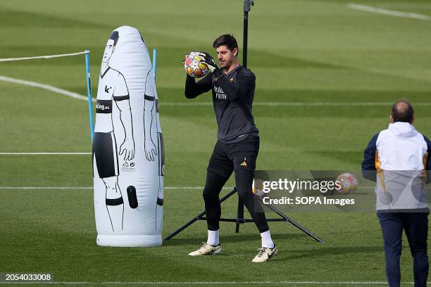 Thibaut Courtois of Real Madrid CF in action during the training session on the eve of the UEFA Champions League round of 16, second-leg football...