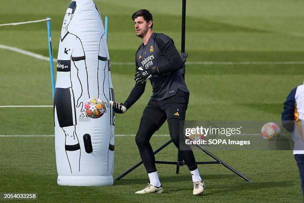 Thibaut Courtois of Real Madrid CF in action during the training session on the eve of the UEFA Champions League round of 16, second-leg football...