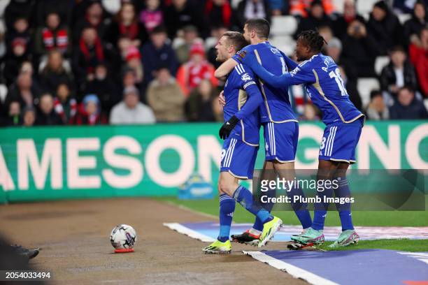 Jamie Vardy of Leicester City celebrates with Conor Coady of Leicester City and Abdul Fatawu of Leicester City after scoring to make it 0-1 during...