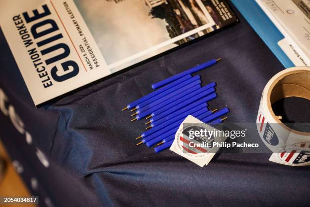 Election materials sit at the ready atop a table at the California Historical Radio Society on March 5, 2024 in Alameda, California. 15 States and...