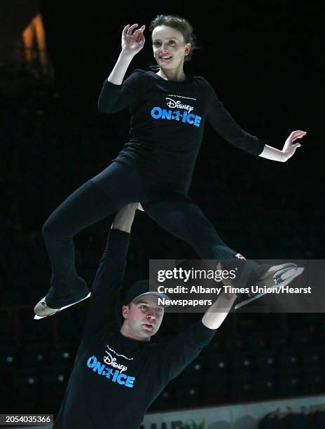 Principal skaters Lauren Anderson, who plays Cinderella, and Jean-Simon Lagare, who plays Prince Charming, rehearse for Disney On Ice presents Dare...