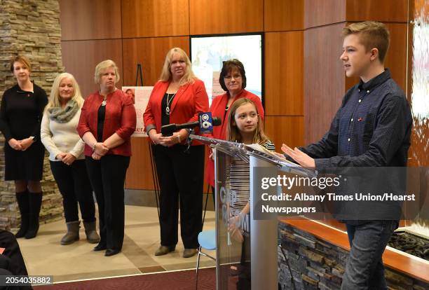 Ethan Byron of Clifton Park speaks at a kick off for the Heart Association's BetterU, a 12-week heart-health improvement program, at Cap Com Credit...