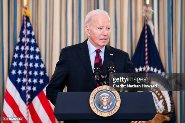 President Joe Biden speaks during a meeting with his Competition Council in the State Dining Room of the White House on March 5, 2024 in Washington,...