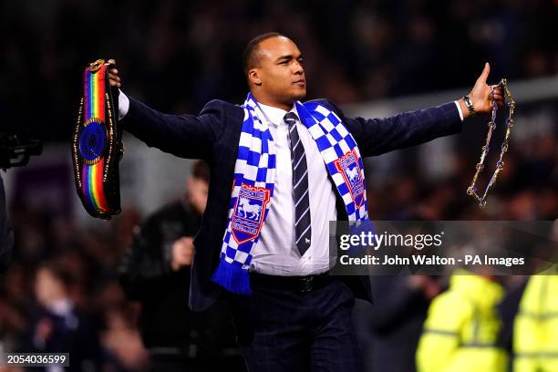 Boxer Fabio Wardley during a face off with Frazer Clarke at half time in the Sky Bet Championship match at Portman Road, Ipswich. Picture date:...