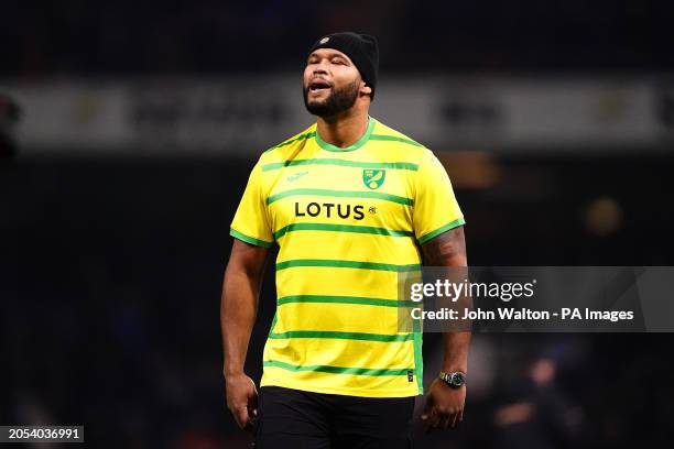 Boxer Frazer Clarke wearing a Norwich City shirt during a face off with Fabio Wardley at half time in the Sky Bet Championship match at Portman Road,...