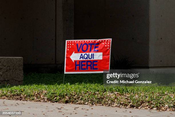 Vote here sign outside of a polling place on Super Tuesday on March 5, 2024 in Brownsville, Texas. 15 States and one U.S. Territory hold their...