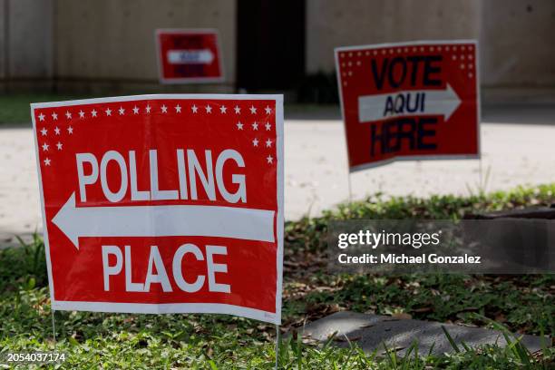 Vote here and polling location sign on Super Tuesday outside of a polling place on March 5, 2024 in Brownsville, Texas. 15 States and one U.S....