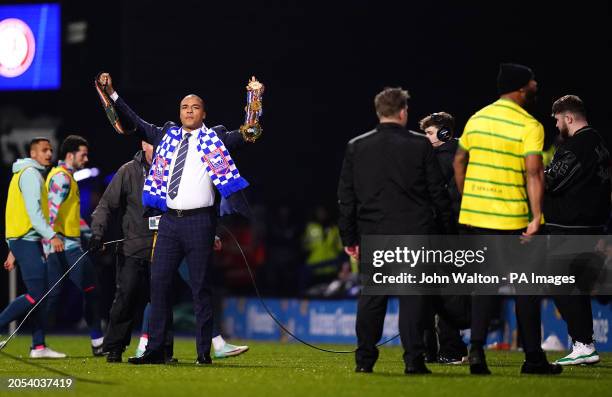 Boxer Fabio Wardley and Frazer Clarke in a Norwich City shirt during a face off at half time in the Sky Bet Championship match at Portman Road,...