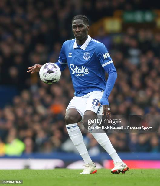 Everton's Amadou Onana during the Premier League match between Everton FC and West Ham United at Goodison Park on March 2, 2024 in Liverpool, England.
